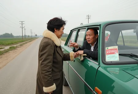 North Korean Juche Socialist propaganda, The legend of the mistress standing next to the only motor vehicle in the entirety of North Korea, leaning forward and practicing aggressive driver's side window solicitation, the driver of the car is holding his arm out the window with a wad of cash, on a rural road., inspired by the workers, conceived by the Mount Paektu bloodline