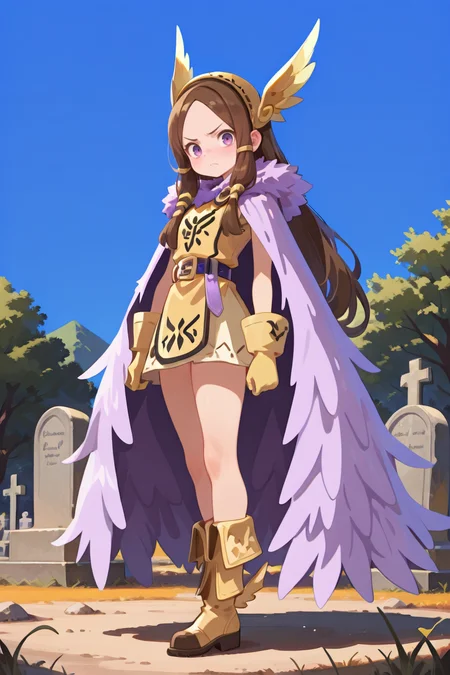 masterpiece, very aesthetic, absurdres, best quality, amazing quality, high resolution, newest, very awa, <lora:illustrious_quality_modifiers_masterpieces_v1:0.8> , <lora:ChamIllustriousBackgroundEnhancer:0.5>, (solo), <lora:ValkyrieYggdraIL:0.8> , valkdef, 1girl, purple eyes, brown hair, long hair, winged hairband, fur cloak, yellow tunic, purple belt, yellow gloves, yellow boots, winged footwear, full body, exterior, valkyrie, wasteland, frown, bloody, cemetery, looking at viewer,<lora:haiz_ai_illu:1> , haiz_ai, no lineart, no outline,