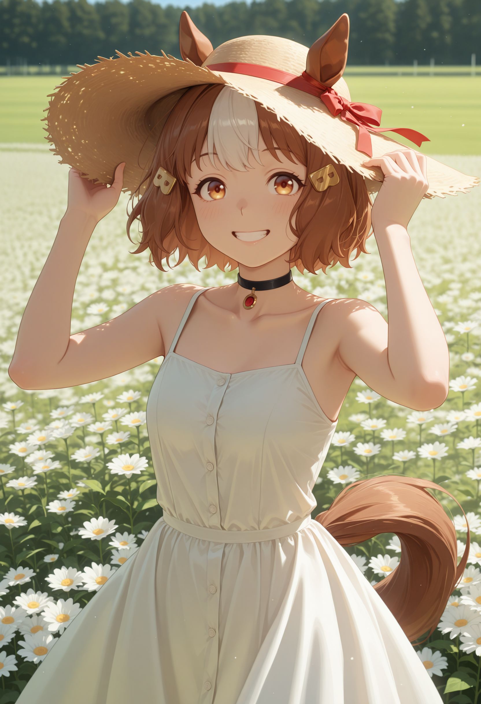 masterpiece, best quality, amazing quality, very awa,absurdres,newest,very aesthetic,
flower field, summer field, outdoor, 
<lora:Berno illu:1> 1girl, brown hair, white hair, multicolored hair, short hair, animal ears, horse girl, hore tail brown eyes, hair ornament, smile, 
brown hat,buttons,choker,collarbone,dress,grin,hands on headwear,hat,looking at viewer,ribbon,sleeveless,sleeveless dress,small breasts,smile,solo,straw hat,sundress,teeth,white dress