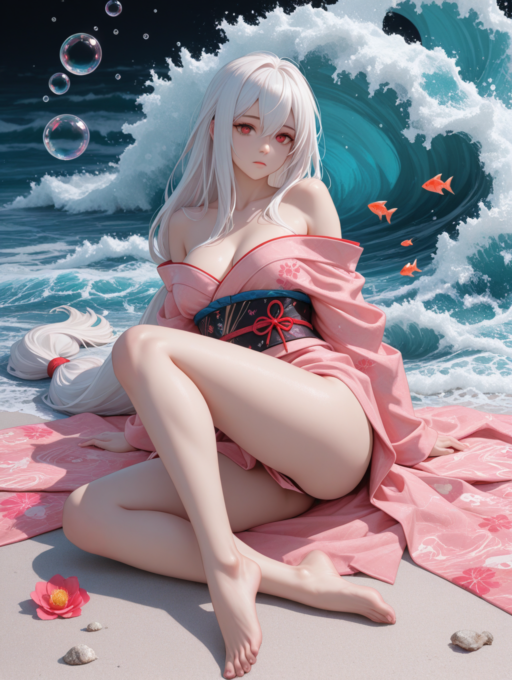 skadi \(arknights\), 1girl, bare legs, bare shoulders, barefoot, bubble, feet, fish, flower, japanese clothes, kimono, long hair, looking at viewer, low-tied long hair, pink kimono, red eyes, solo, waves, white hair, masterpiece, best quality