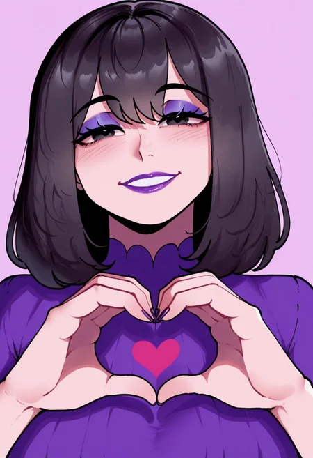 1girl, solo, medium build, medium hair, sfw, safe for work, covered skin, flowy dress, black eyes, purple lipgloss, smiling, portrait, upper body, heart hands, foreshortening, detailed, newest, nyantcha