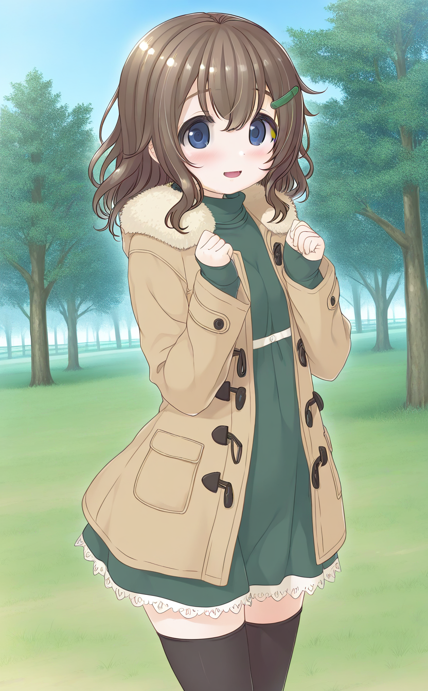 general,highres, ultra-detailed,very aesthetic,best quality ,best hands,  BREAK <lora:Fukami_Nonoka_IS:1> FukamiNonoka, 1girl,solo, bangs, medium hair, brown hair, hairclip, blue eyes, smile, open mouth,
FukamiNonoka, solo, blush, dress, looking at viewer, long sleeves, parted lips, hair between eyes, green dress, cowboy shot, clenched hands, turtleneck, 
thighhighs, solo, smile, brown footwear, looking at viewer, black thighhighs, skirt, long sleeves, fur trim, closed mouth, coat, standing, hair between eyes, clenched hands, zettai ryouiki, blush, jacket, sweater, hands up, long hair, sleeves past wrists, turtleneck
grass, sky, day, spring, tree,