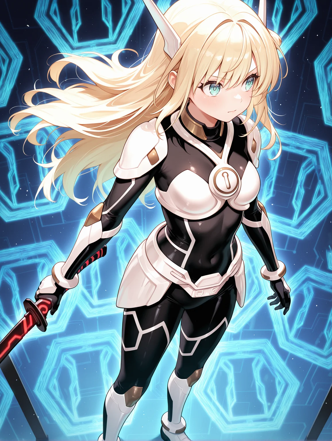 sky striker ace - raye, battle bodysuit, 1girl, solo, black katana, holding black katana, standing, blue honeycomb \(pattern\), from above, looking to the side, white headgear, white breastplate, black bodysuit, white armored gloves, white armored skirt, white armored boots,
masterpiece,best quality,amazing quality,very aesthetic,absurdres,newest,<lora:Sky striker ace - Raye illusXL v1:0.75>,