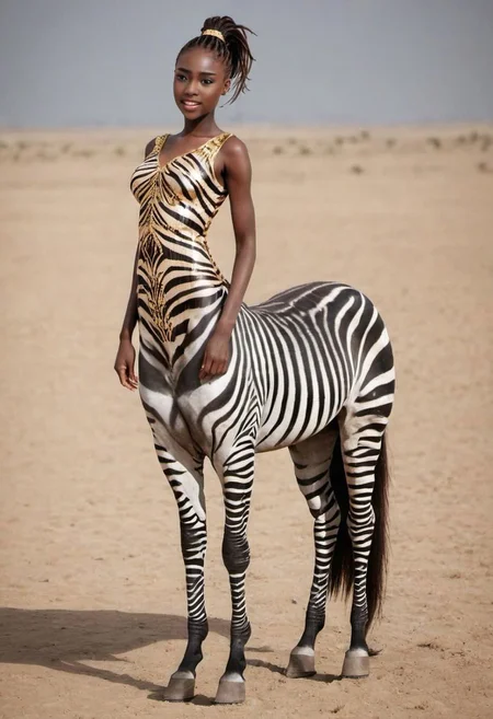 fictional character, raw photo of ultra slim 18-years-old african female centaur zebra with human face, beautiful silk dress, zebra lower body, horse tail, ultra lustrous hair