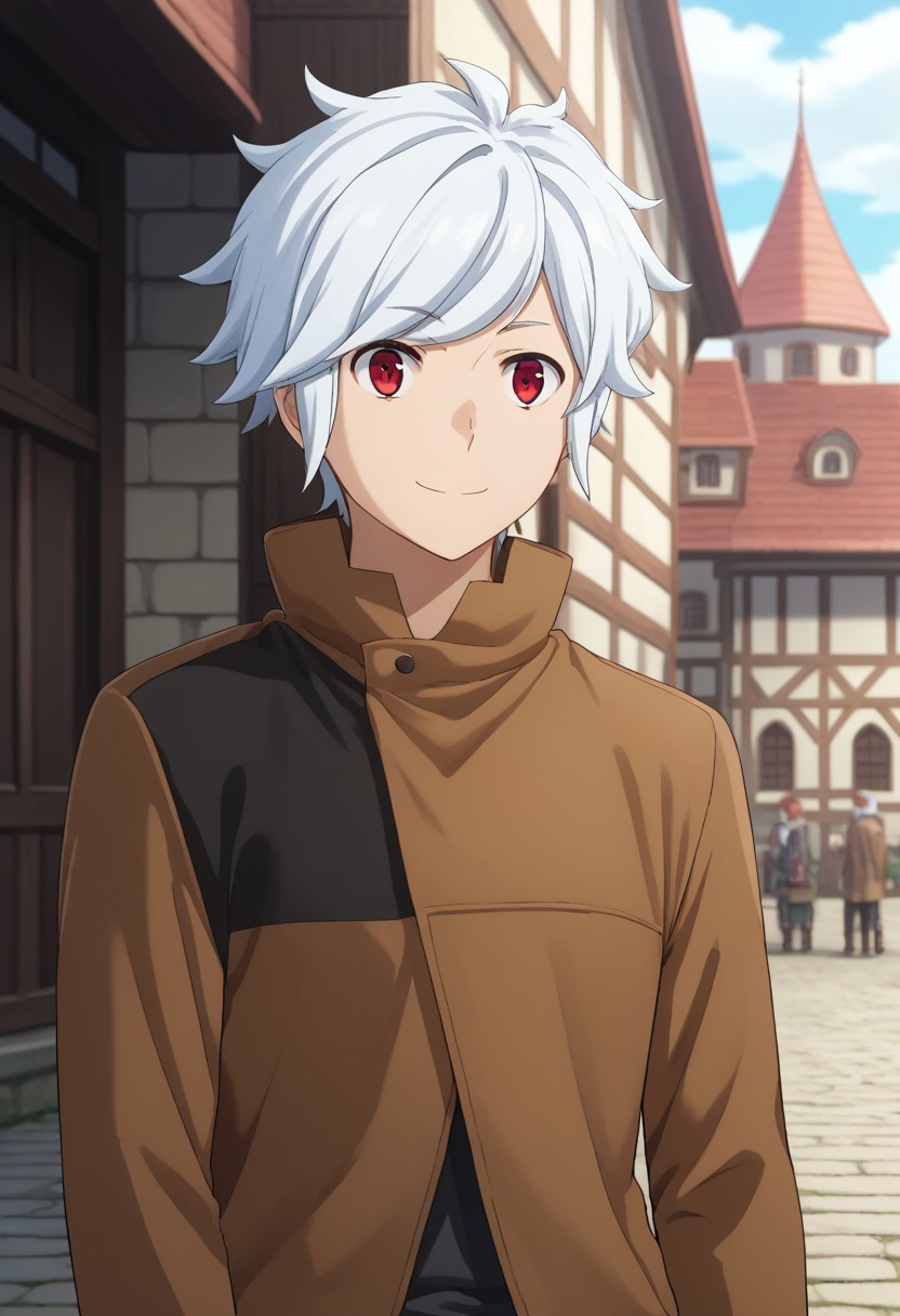 score_9, score_7_up, source_anime 
belcranel, 1boy, male focus, solo, white hair, red eyes, multicolored clothes, multicolored jacket, jacket, brown jacket, black jacket, upper body, smile
outdoor, village, medieval,