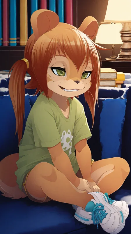 (detailed background:1.2), photorealistic, high quality, image depth, cinematic lighting, photorealistic, <lora:pony_good_hands:1>, blushing, solo, masterpiece, highest quality, 1 girl (Rocketgirl, 1girl, solo, animal ears, furry female, tail, brown hair, long hair, green eyes, bangs,freckles, brown fur,full body, sidelocks, twintails, two-tone fur), parted lips, (eyes half closed:1.2), <lora:add-detail-xl:1> <lora:add_detail:1>, detailed face, small frame, sharp outlines, on the couch, sleepy face, half asleep, living room setting, lamp, couch, bookshelf, green t-shirt with golden trim, white shoes, deep shadows, SFW, night setting, cute, small smile, <lora:Rocketgirl_v01_ILXL:1> <lora:Beautiful Detailed Eyes:1> <lora:Detailed_eyes:1>, score_9, score_8_up, score_7_up, score_6_up, score_5_up, score_4_up,