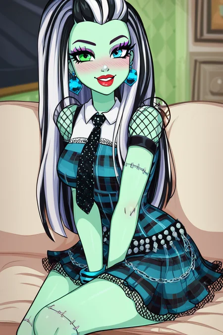 score_9, score_8_up, score_8, medium breasts, (curvy), cute, eyelashes, ,,, , zzFrankie, heterochromia, blue eyes, green eyes, multicolored hair, aqua skin, streaked hair, black hair, white hair, long hair, stitches, jewelry, earrings, makeup, lipstick, plaid dress, skirt, bracelet, <lora:Frankie_MH_PDXL:1.0>, , ,,, hand between legs, blush, smug, ,,, smile, looking at viewer, blush, blurry, couch, sitting, ,,, <lora:Afrobull_PDXL_v5:0.8>, , ,,, BREAK, smile, looking at viewer, cowboy shot, embedding:zPDXL, Expressiveh, <lora:SDXLFaeTastic2400:0.5>, <lora:Expressive_H-000001:0.4>,