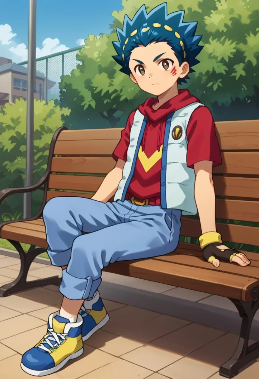 score_9, score_8_up, score_7_up, score_6_up, highly detailed,Good Colors, Glowing Skin, Good Shading, Good Eyes, Contrast Shading, 1boy,handsome boy, male focus, solo, slim, skinny, slim body, young man, correct anatomy, alone, no muscles, Valt, 1boy, male_focus, blue hair, blue and yellow headband, brown eyes, red facemarks, red hoodie, light blue body warmer, black and yellow gloves, blue pants, blue and yellow shoes, sitting on bench, park