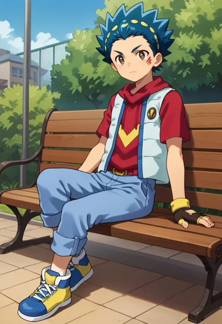 score_9, score_8_up, score_7_up, score_6_up, highly detailed,Good Colors, Glowing Skin, Good Shading, Good Eyes, Contrast Shading, 1boy,handsome boy, male focus, solo, slim, skinny, slim body, young man, correct anatomy, alone, no muscles, Valt, 1boy, male_focus, blue hair, blue and yellow headband, brown eyes, red facemarks, red hoodie, light blue body warmer, black and yellow gloves, blue pants, blue and yellow shoes, sitting on bench, park