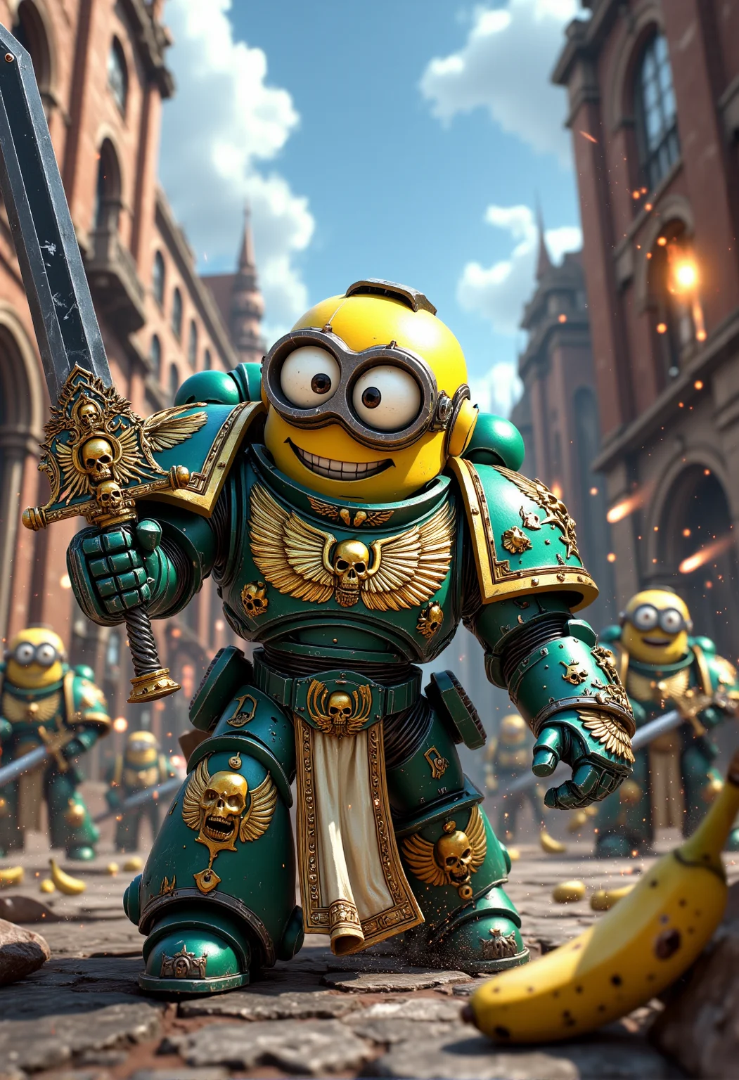 space marine. A Minion with oversized goggles dressed in power armor in the style of the Ultramarines, with added banana motifs and golden details. The Minion is without a helmet (no helmet:2.0), showcasing their iconic Minion goggles, expressive eyes, and wide smile. The Minion is wielding a power sword with a glowing edge, banana-themed pommel and glowing runes. The Minion is depicted in a scene such as: engaging in a fight with Ork Minions, chainsword buzzing, while other Minions clumsily fight in the background, occasionally tripping over. The Minion's expression is heroic but with a goofy smile. The scene should be depicted in a colorful but gritty Warhammer 40k style, with bright yellows and blues to emphasize the Minionsâ classic color scheme. The armor and weapons are detailed with ornate designs, but humor is maintained through Minion-themed accessories and comical touches. Witty details include: a Minion Chaplain wearing a robe, with a giant yellow smiley face badge pinned to it. Background elements should resemble classic Warhammer 40k settings but with a humorous Minion twist, such as: a battle-worn cityscape with Minion statues posed heroically, some holding bananas instead of weapons. , <lora:sm2.safetensors:1.0:1.0>