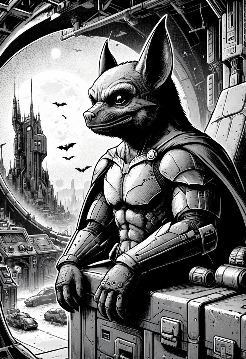 A sitting bat, in a scifi world setting, comic illustration, (monochrome:0.45), mobe-90c0m, <lora:RetFutCom-V1:0.85>,