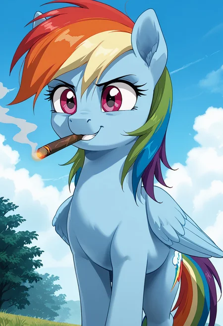 score_9, score_8_up, score_7_up, anime screencap, BREAK, my little pony Rainbow Dash, a blue pegasus with purple eyes and rainbow mane and tail, source_feral, outdoors, daylight sky, cloudy, fat cigar smoking from her mouth, source_anime, retro anime style