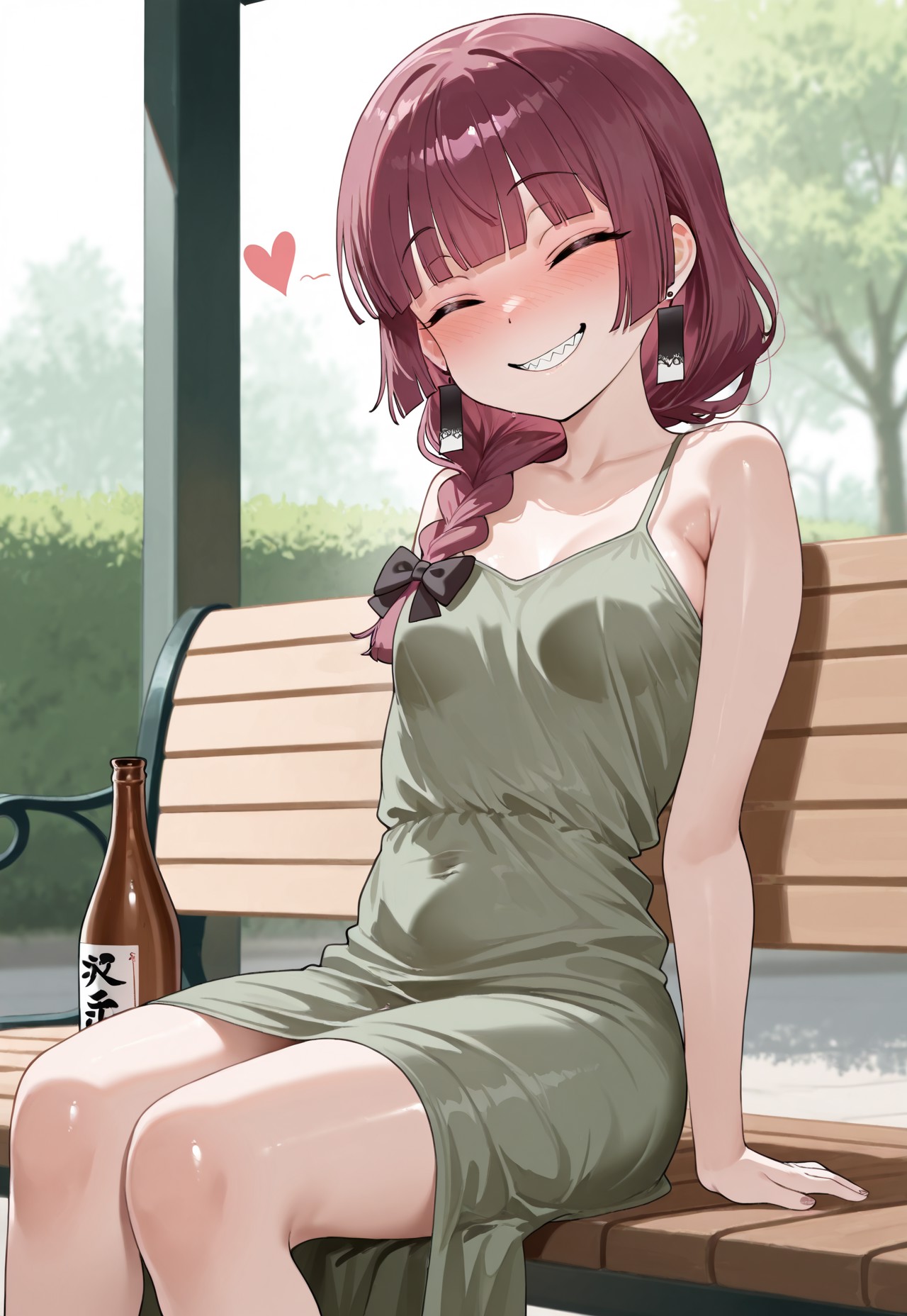 masterpiece,best quality, 1girl, hiroi kikuri, single braid, hair bow, silly face, green dress, bare shoulders, park sitting on the bench, smile, closed eyes, sake bottle, small breasts