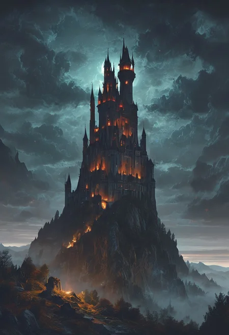 A captivating night scene illustration featuring a forboding and haunted castle on a great  great mountain. The castle and mountain are much like Neuschwanstein Castle in Bavaria.  This enchanting artwork captures a dark and ominous night, wherered bloodmoon hangs above  over the  tree covered mountain range and castle which   stands resolute amidst the great mountains, creating a cinematic experience., illustration, cinematic
<lora:DonM3t3rn1tyXL-v1.1:0.7>, DonM3t3rn1tyXL,
OverallDetailXL  <lora:MJ52:0.3>  <lora:SDXLFaeTastic2400:0.4>  <lora:EpicF4nta5yXL:0.7>