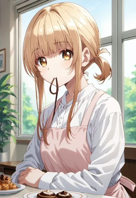 score_9, score_8_up, score_7_up, source_anime, mahiru shiina, blonde hair, long hair, caramel eyes, 1girl, solo, indoors, mouth hold, window, shirt, white shirt, hair tie in mouth, looking at viewer, hair tie, long sleeves, apron