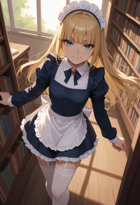 (score_9, score_8_up, score_7_up), 1girl, solo,blonde hair, blue eyes, long hair, hime cut, long bangs, small breasts, maid dress, white stockings, garter straps,
(face focus, from above:1.1),  walking towards viewer, cowboy shot,library, private study, sunset,, thighs, wide hips,
(hands, dutch angle:1.2), 
smug,