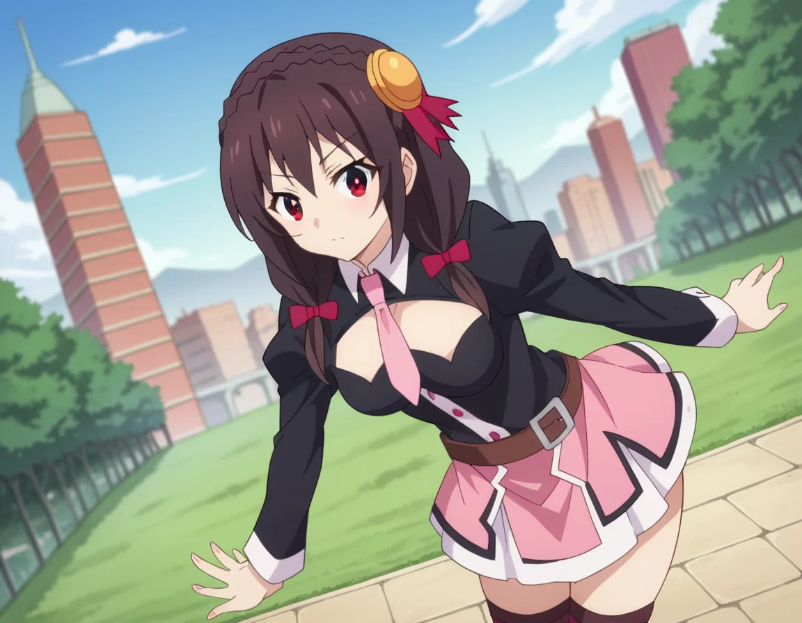 score_9, score_8_up, score_7_up, source_anime,
yunyun, <lora:konosuba-yunyun-s1s2-ponyxl-lora-nochekaiser:1>
yunyun, black hair, hair ornament, red eyes, bow, braid, crown braid,
skirt, thighhighs, long sleeves, necktie, belt, clothing cutout, cleavage cutout, pink skirt, pink necktie,
outdoors, cityscape, bent over,
looking at viewer, dutch angle, cowboy shot,