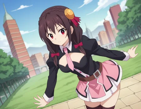 score_9, score_8_up, score_7_up, source_anime,
yunyun, <lora:konosuba-yunyun-s1s2-ponyxl-lora-nochekaiser:1>
yunyun, black hair, hair ornament, red eyes, bow, braid, crown braid,
skirt, thighhighs, long sleeves, necktie, belt, clothing cutout, cleavage cutout, pink skirt, pink necktie,
outdoors, cityscape, bent over,
looking at viewer, dutch angle, cowboy shot,