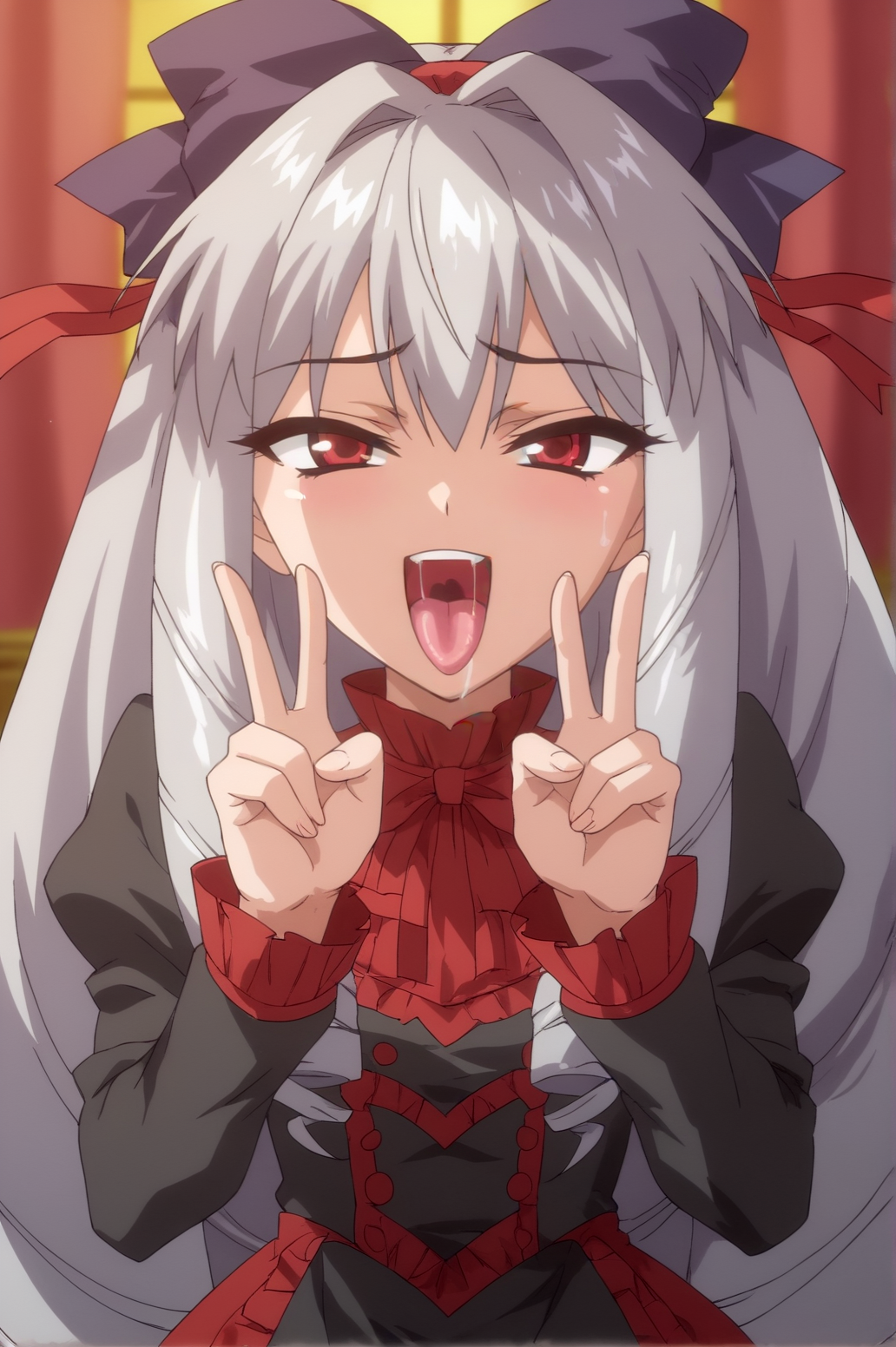 score_9, score_8_up, score_7_up,anime_source, source_anime, best background, detailed background, anime screencap,  Rikka, 1girl, bow, hair ribbon, very long hair, drill hair, gothic dress, naughty face, saliva, open mouth, tongue, victory fingers, v fingers, long sleeves, solo  indoors,  <lora:JN_Koujin_Rikka:0.8>