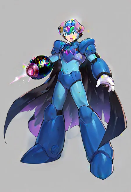 masterpiece, best quality, amazing quality, highres, high resolution, solo, score_9, score_8_up, score_7_up, 1boy, 1boy, :green_eyes, blue_helmet, blue_armor, blue_bodysuit, white_gloves, blue_boots, arm cannon, megax, gore magala armor, purple horn ornament, black cape,, full body,