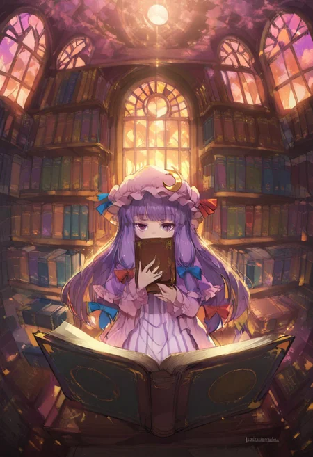 volumetric lighting, ambient occlusion, luminescent background, masterpiece, very awa,library,indoors, a girl reading, beam of light, light through window,depth of field, stained glass window, sunset, dusk, red and purple light
BREAK
patchouli knowledge, 1girl, solo, purple eyes, purple hair, long hair, sidelocks,mob cap, pink hat, crescent pin, hair bow, blue bow, red bow, pink dress, purple capelet, vertical-striped dress,holding book, emotionless, looking at viewer, book covering mouth
