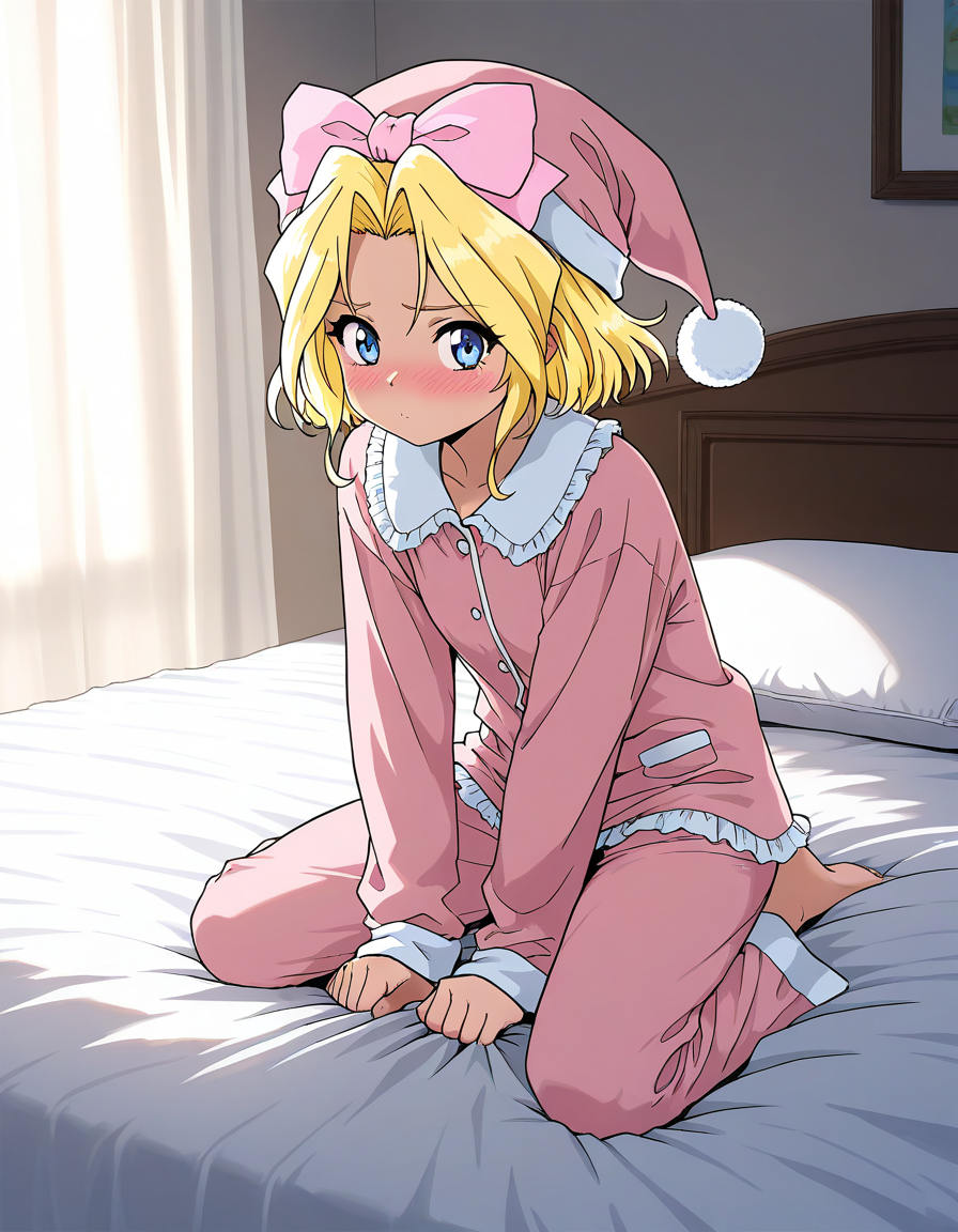 masterpiece, best quality, good quality, <lora:Iris_Chateaubriand_IS:1>  IrisChateaubriand, blonde hair, pink bow, blue eyes, hair bow, short hair, blush, pink pajamas, hat, bed room,
Show less