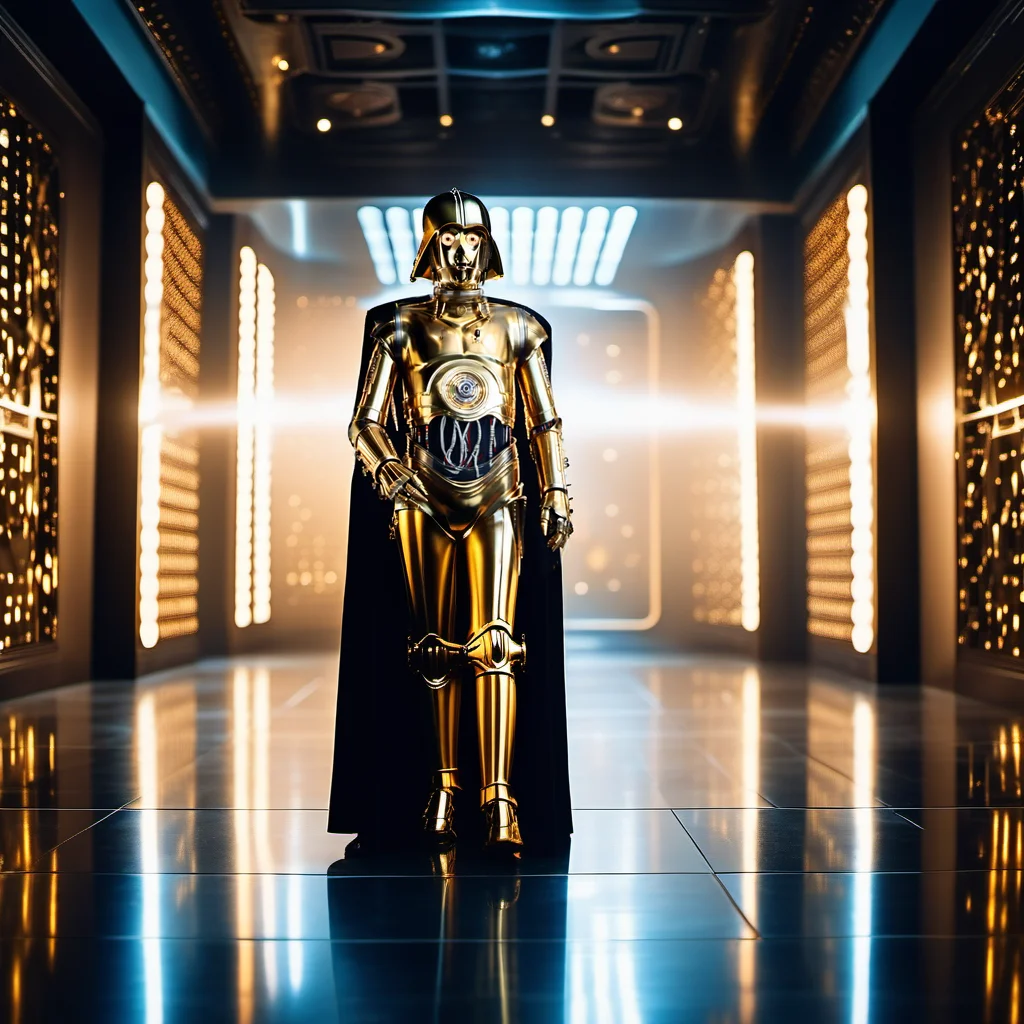 cinematic photo, C3PO1024, full body,a man dressed as darkvador, spaceship, highly detailed ,ultra sharp, photograph, film, bokeh, professional, 4k, highly detailed   <lora:add-detail-xl:1.5>  <lora:C3PO1024:0.9>