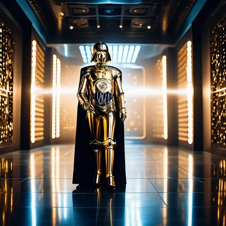 cinematic photo, C3PO1024, full body,a man dressed as darkvador, spaceship, highly detailed ,ultra sharp, photograph, film, bokeh, professional, 4k, highly detailed <lora:add-detail-xl:1.5> <lora:C3PO1024:0.9>