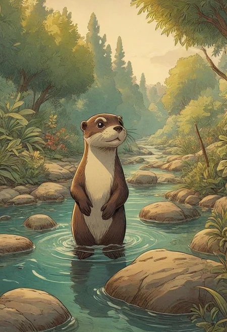 Cartoon otter, swimming, playful, quirky, 1940's cartoon, vintage cartoon, beautiful, detailed, outdoor creek
