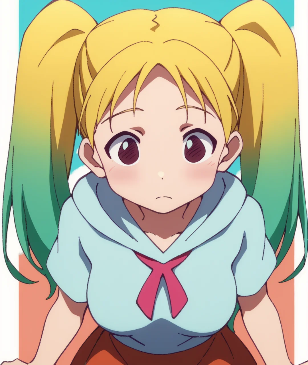 score_9, score_8_up, score_7_up, score_6_up, score_5_up, score_4_up, BREAK source_anime,
<lora:Paula_PONY:1>,paula, 1girl, solo, twintails, blonde hair, long hair, multicolored hair, gradient hair, green hair, brown eyes, purple eyes, hood, skirt,