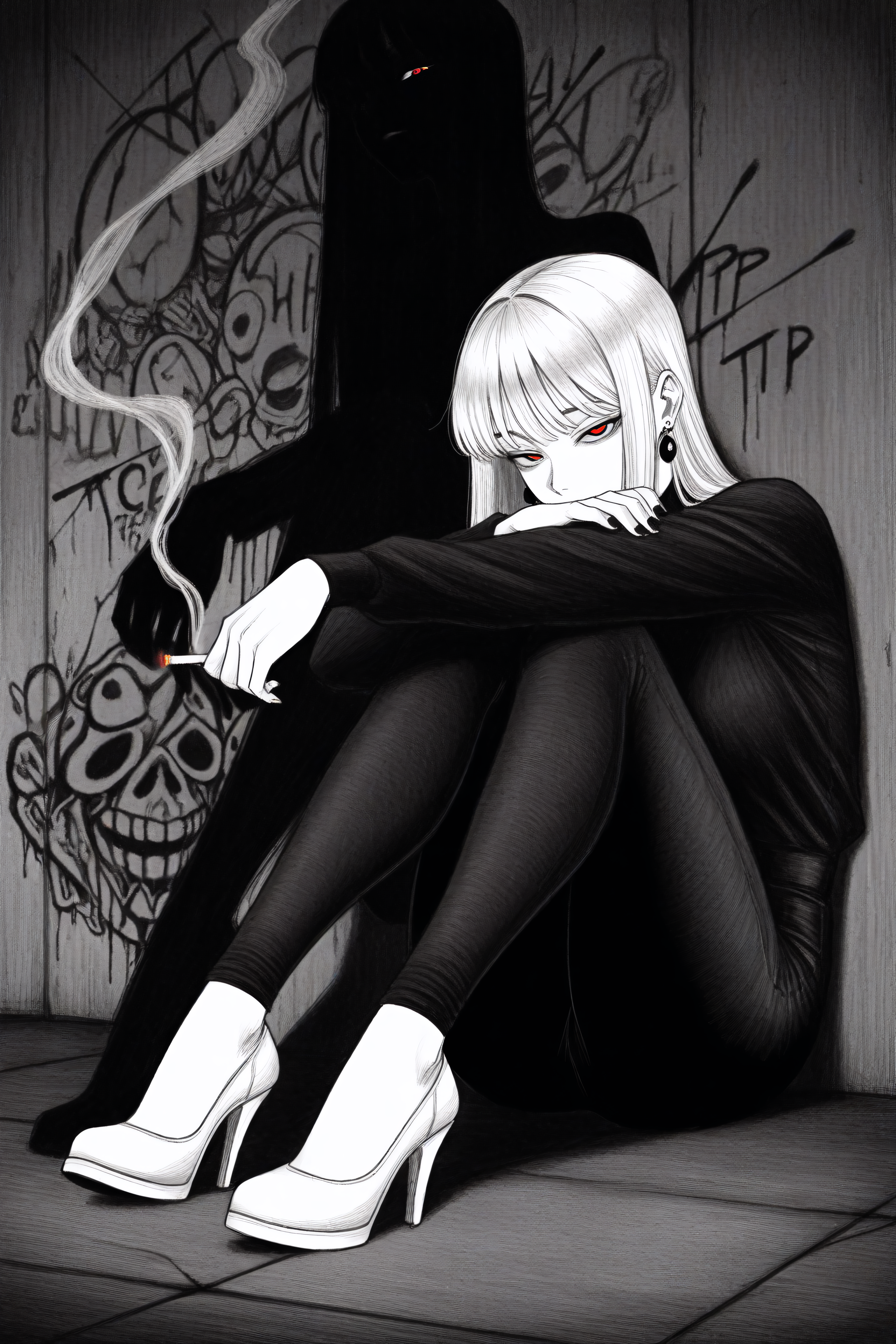 (masterpiece,best quality),<lora:tp1p1ptStyle-Illustrious-lora-Faxtron:0.7> tp_p_pt, monochrome, greyscale, highres, 1girl, intricate details, a portrait of a women, legwear, straight hair, high heels, sexy, grunge art, (looking at viewer:1.1), tattoo, red eyes, perfect eyes, half-closed eyes, sitting, crazy shadow, white hair, smoking, white shoes, graffiti, earrings, taking the pose