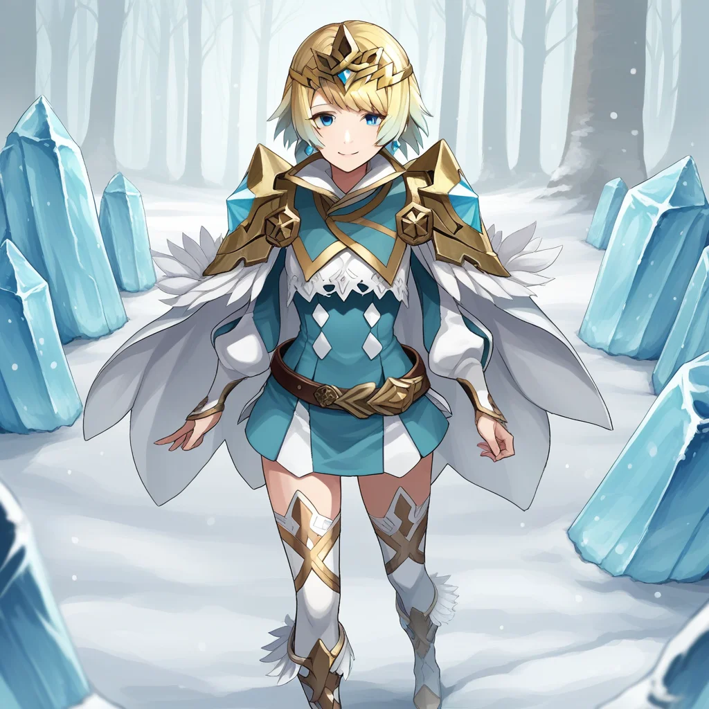 score_9, score_8_up, score_7_up, score_6_up, score_5_up, score_4_up, zPDXL2,source_anime,rating_questionable, 1girl, solo, smile, looking at viewer, outdoors, <lora:Fjorm_-_Fire_Emblem_Heroes:0.8>,ice, snow,fjorm_FEH,gradient hair, multicolored hair, short hair, blonde hair, bangs, blue eyes, feather trim, shoulder armor, long sleeves, boots, cape, thighhighs, short dress, belt, earrings, zettai ryouiki, tiara, jewelry