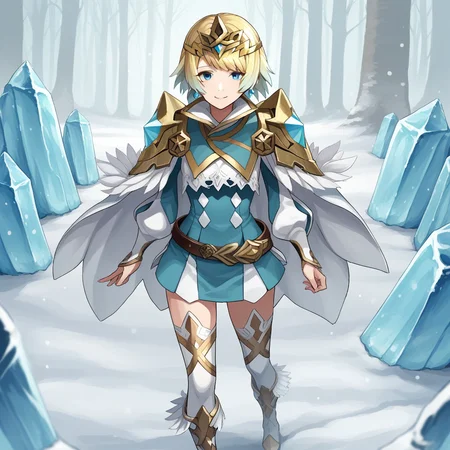 score_9, score_8_up, score_7_up, score_6_up, score_5_up, score_4_up, zPDXL2,source_anime,rating_questionable, 1girl, solo, smile, looking at viewer, outdoors, <lora:Fjorm_-_Fire_Emblem_Heroes:0.8>,ice, snow,fjorm_FEH,gradient hair, multicolored hair, short hair, blonde hair, bangs, blue eyes, feather trim,  shoulder armor, long sleeves,  boots, cape, thighhighs, short dress, belt, earrings, zettai ryouiki, tiara, jewelry