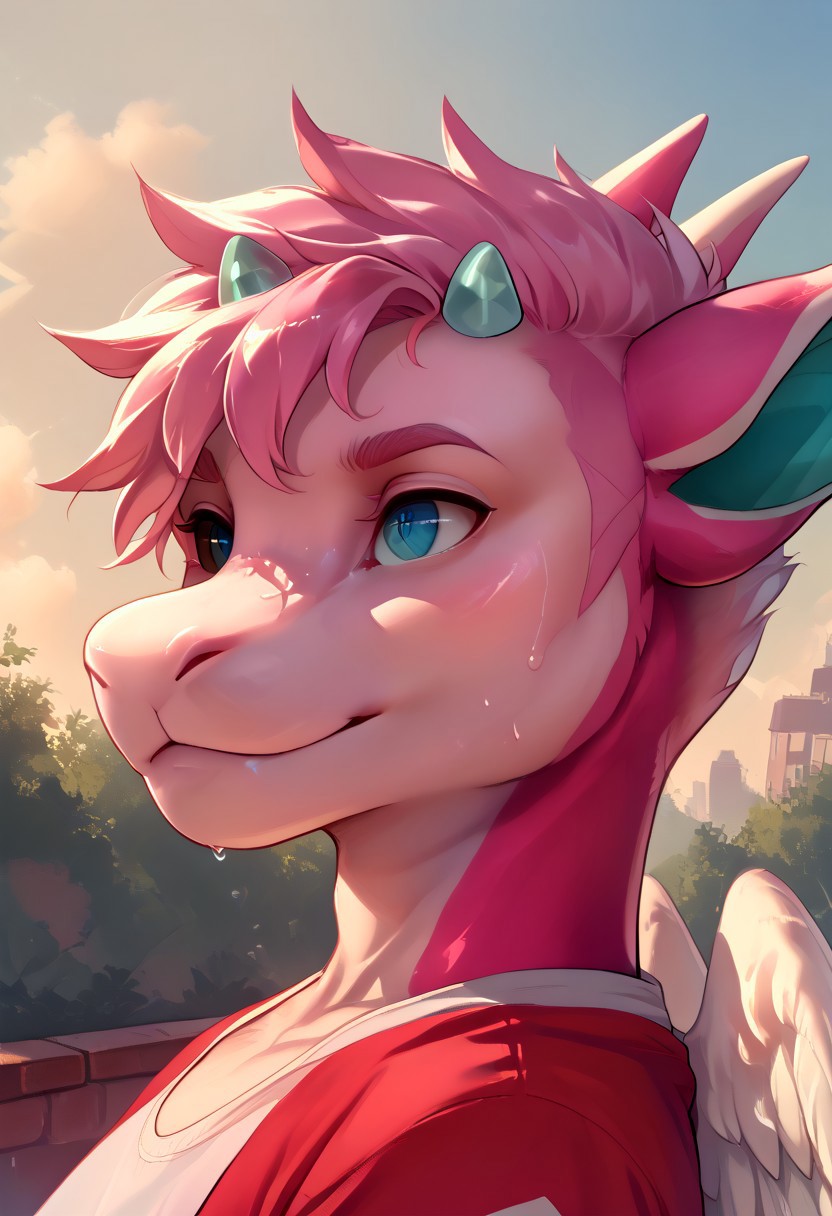 score_9, score_8_up, score_7_up, (by shinodage), outdoor, sexy, sweat, dutch angle, looking aside, high quality, hires, solo, anthro, furry, detailed background, detailed eyes, emotional, easynegative, Split Lighting style,
lumi_senpaiithon, dragon, horns, pink body, anthro, hair, blue tongue, 1boy, heterochromia, smile, colored sclera, black sclera, pink skin, male focus, wings