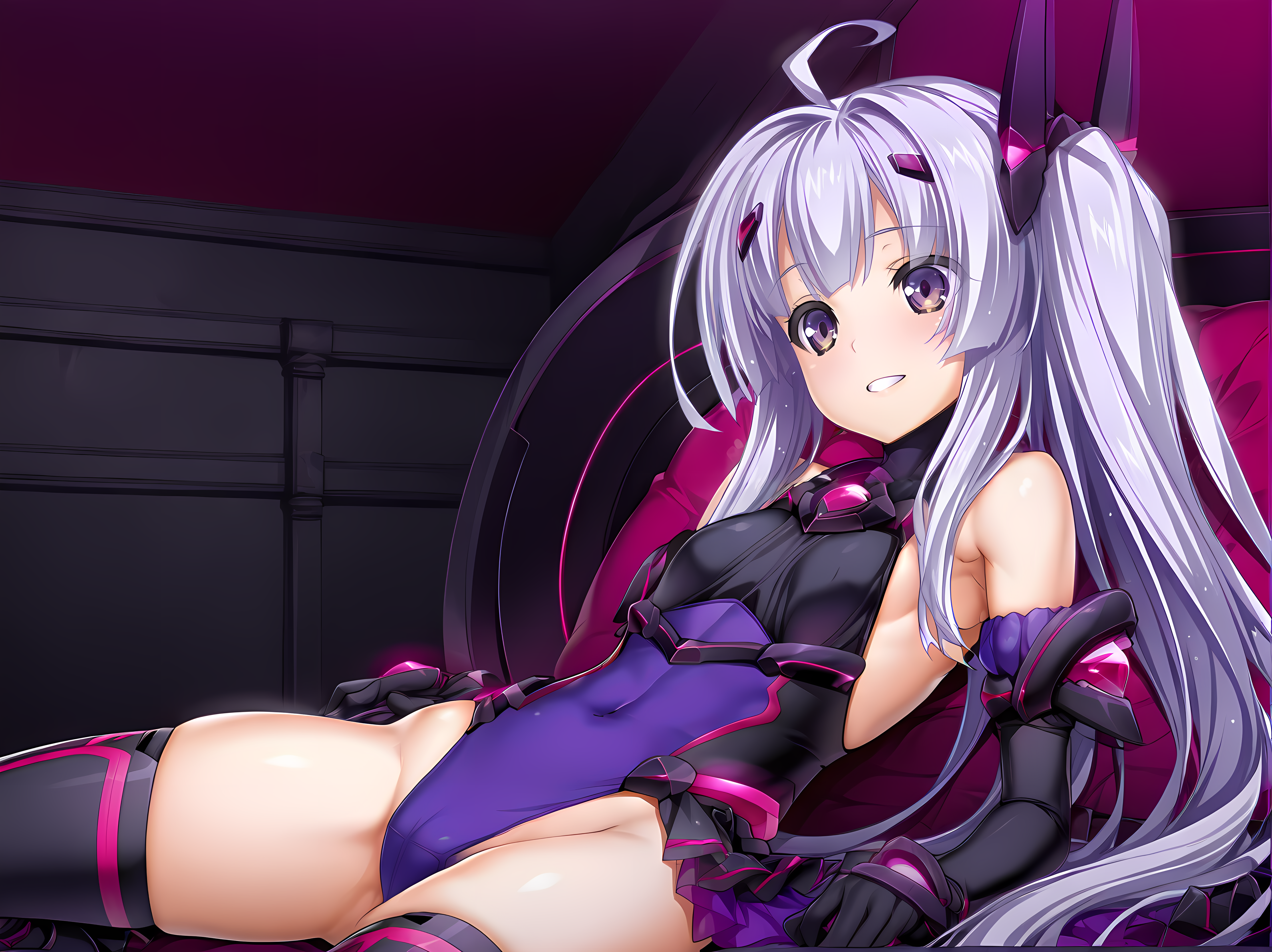 <lora:Yuri_Amakubo_-_Exstia_Illustrious:1>,lusterise,lextia,side ponytail,purple eyes,very long hair,cowboy shot,smile,breasts,indoors,small breasts,breasts,grin,navel,thighhighs,elbow gloves,1girl,on back,boots,leotard,sitting,, masterpiece,best quality,amazing quality,