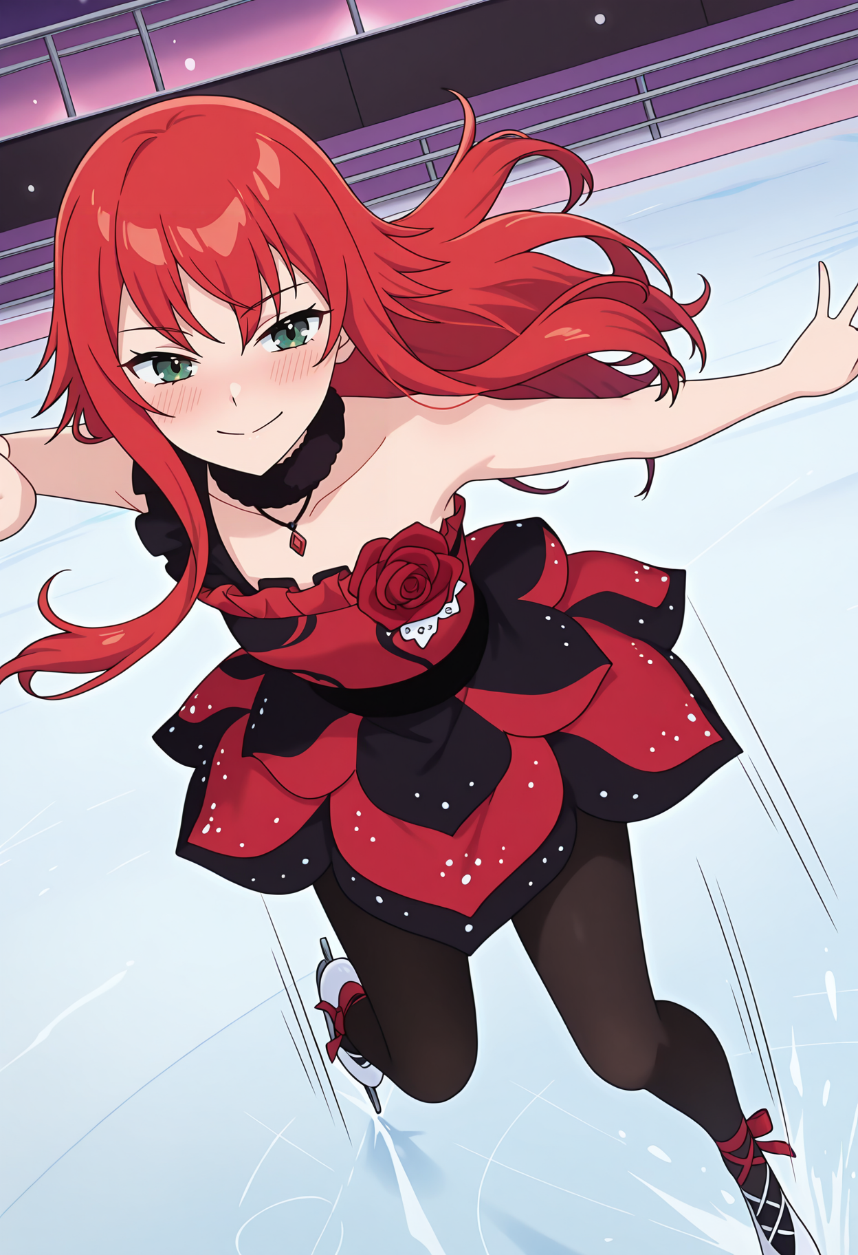 highres, best quality, masterpiece,
1girl, solo,
blush,
<lora:_beru_renjouji-elesico-ilxlB:1>  figure skating, skating rink, rnlvberu, long hair, red hair, green eyes, anime screencap,pbersdbs, two-tone dress, fur-trimmed choker, fur-trimmed choker, black choker, necklace, black dress, red dress, red rose, flower ornament, single strap, frilled straps, bare shoulders, black pantyhose,motion lines, dynamic pose, smile,
