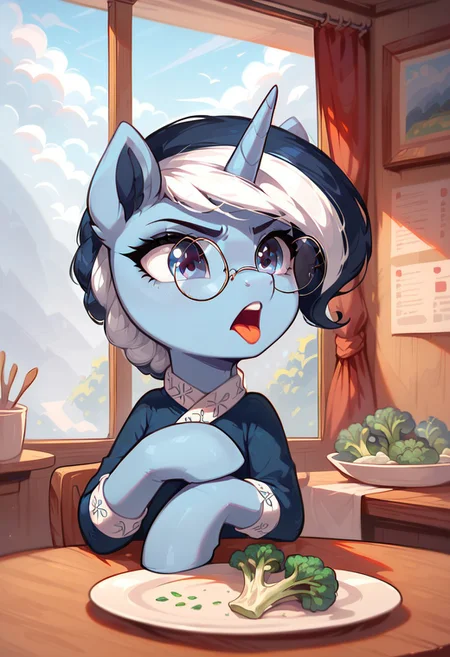 masterpiece, score_9, score_8_up, score_7_up, (best quality:1.1), ultra-detailed, high resolution, 1character, River Swirl, unicorn pony, female, mare, light blue skin, horn, black and white mane, angry eyes, round glasses, sticks out his tongue, day, plate with broccoli, fluffy, ear fluff, long eyelashes, indoors, (((beautiful detailed blue eyes eyes))), Long eyelashes, black clothing, looks at broccoli with disgust, Highly Visible, (((8k))), sharp focus, perfect lighting, beautiful eyes, detailed outfit, long eyelashes, anatomically correct, extremely detailed, sitting at the dinner table, boiled broccoli on dish, table, (in kitchen), shine on body, high detail, cute face, disgusted facial expression, Expressiveh, detailed background, OverallDetail, zPDXL2