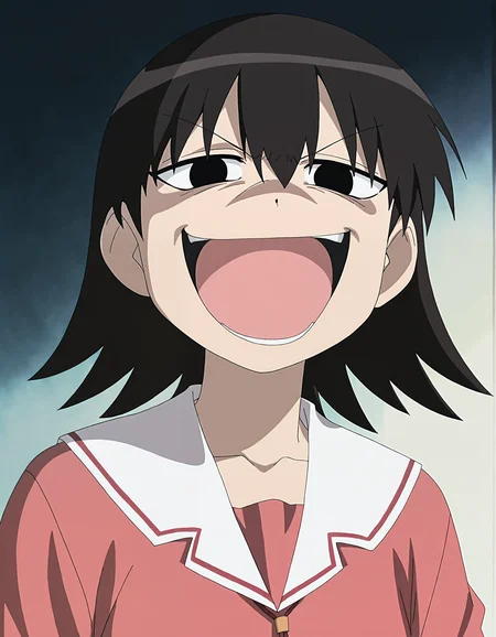 masterpiece, best quality, good quality, newest, highres, absurdres,<lora:Azumanga_style-000013:1>,azumanga_illu, style parody,anime screenshot,1girl, solo, school uniform, open mouth, short hair,evil smile, serafuku, brown hair, parody, black eyes, :d, black hair
