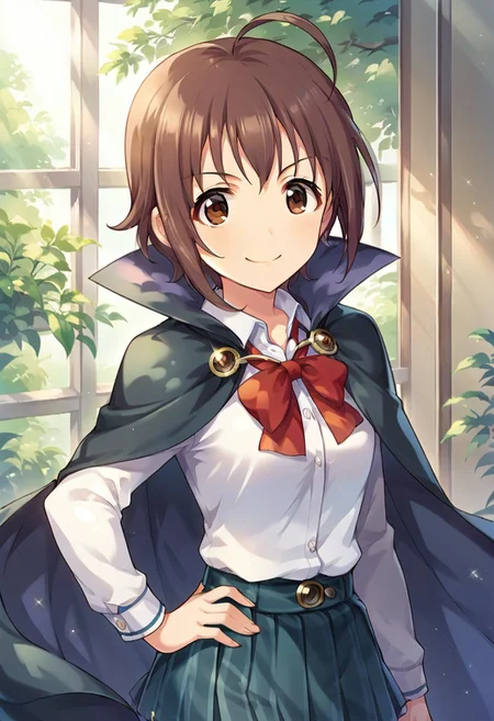score_9, score_8_up, score_7_up, source_anime,wakiyama tamami, short hair, ahoge, brown hair, brown eyes, 1girl, solo, cape, smile, hand on hip, looking at viewer, shirt, school uniform