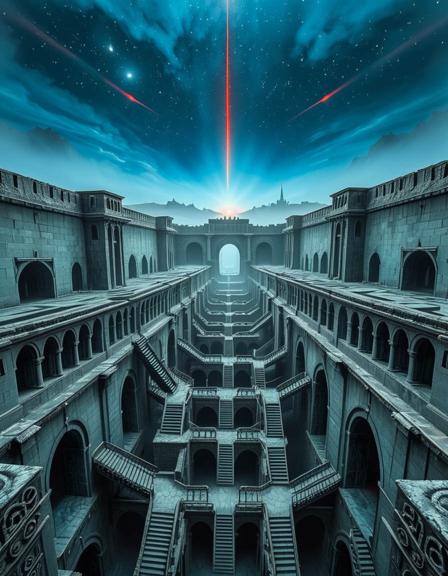 A vast, nightmarish labyrinth stretching endlessly into the horizon, its architecture a fusion of brutalist and gothic styles. The towering stone walls are cold, weathered, and adorned with eerie, ancient carvings. Deep chasms divide the labyrinth, revealing endless layers of arches and staircases that descend into an abyss of darkness. The atmosphere is thick with an unsettling silence, broken only by distant whispers and echoes of unseen entities.
A strange, ominous red beam pierces the sky from a distant point at the horizon, casting an eerie glow over the surreal landscape. The sky above is an unnatural, deep blue, devoid of stars, shrouded in a thick, ominous haze. Shadows stretch unnaturally long, twisting and shifting as if alive.
The entire scene evokes a sense of isolation and dread, as if trapped in an inescapable nightmare. The labyrinthâs geometry seems almost impossible, defying logic with staircases leading to nowhere and corridors looping endlessly. A place where time feels distorted, and reality itself is uncertain.
Style & Mood:
    Dark surrealism, Lovecraftian horror
    Cinematic, high-detail, eerie lighting
    Atmospheric perspective, emphasizing scale and depth
    Inspired by the works of ZdzisÅaw BeksiÅski and H.R. Giger
<lora:SDXLFaeTastic2400:0.4> <lora:extremely_detailed:0.4> extremely detailed, <lora:nightmarish_l4byr1nth:1>,nightmarish l4byr1nth, Masterpiece,best quality,hi res,8k,hi res,8k,award winning,(sharp focus, intricate, highly detailed),