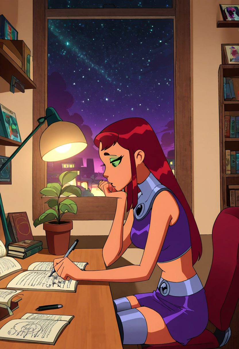 masterpiece, best quality, solo, curvy, beautiful eyes,   strfr, green eyes, red hair, long hair, colored sclera, green sclera,    midriff, crop top, gorget, skirt, thighhighs ,       <lora:StarfireTT_IXL:1.0>, , zzLofi, sitting, side view, desk, chair, book, bookshelf, head rest, holding, holding pen, lamp, night, open book, pen, plant, potted plant, sky, star (sky), starry sky, window, windowsill, writing, <lora:LofiGirl_Style_IXL:0.8>,