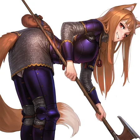 masterpiece, best quality,  1girl , holo, tail, <lora:spo_sdxl_10ep_4k-data_lora_webui:1>, holding weapon, polearm, ((armor)), chainmail, alternate outfit, medieval, grin, long hair, bent over, side view, white background, <lora:Wassnonman_WAI:1>