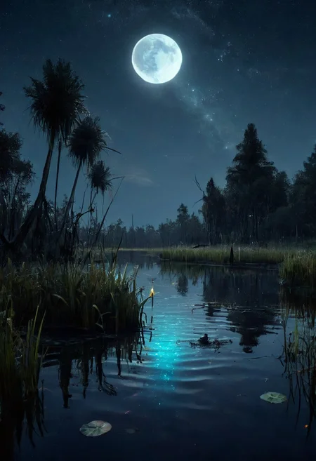 score_9, score_8_up, score_7_up, fishing pond, celestialpunkai, extremely detailed, the horror of stars, tall grass, crescent moon,  masterpiece, realistic, best quality, cosmic horror, Style-Volumetric, bright horror, MJgothic, lun4r, blue glow,
