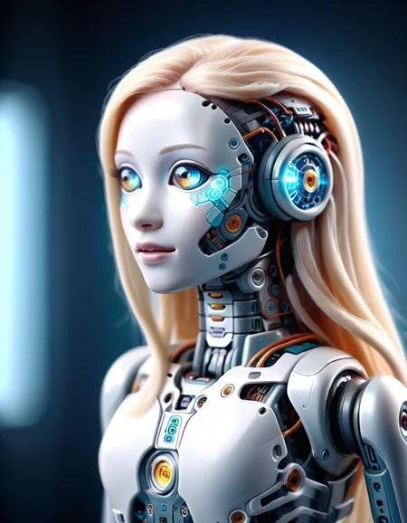 A futuristic side portrait of a humanoid robot. The robot's body is made of translucent materials,and its internal structure is clearly visible,including circuit boards and light-emitting elements. The robot has soft facial features with feminine features,including long hair and breasts. The robot's head and neck are structurally complex,with many connecting points and lines,suggesting its precise construction and possible versatility. High-tech and futuristic living concepts,cold and mechanical beauty,bioluminescence,fiber optics,masterpieces,octane rendering,unreal engine <lora:ral-plymbl-sdxl:1> ral-plymbl