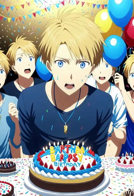 high resolution, solo, best quality, 1Boy, Yamato Ishida, Blond Hair, Blue Eyes, Necklace, surprisde, birthday surprise, birthday cake, birthday party, OverallDetail