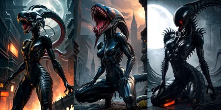 (otherworldly), highly insanely detailed, masterpiece, top quality, best quality, highres, 4k, 8k, RAW photo, (very aesthetic, beautiful and aesthetic),
__lazy-wildcards/cosplay-char/alien-predator/xenomorph/prompts__,
<lora:FemXeno:0.6>,
(1girl:1.3), eyes focus,
__lazy-wildcards/dataset/background__,âââ