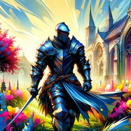 InkBlast, a knight holding a sword, standing in a field of flowers