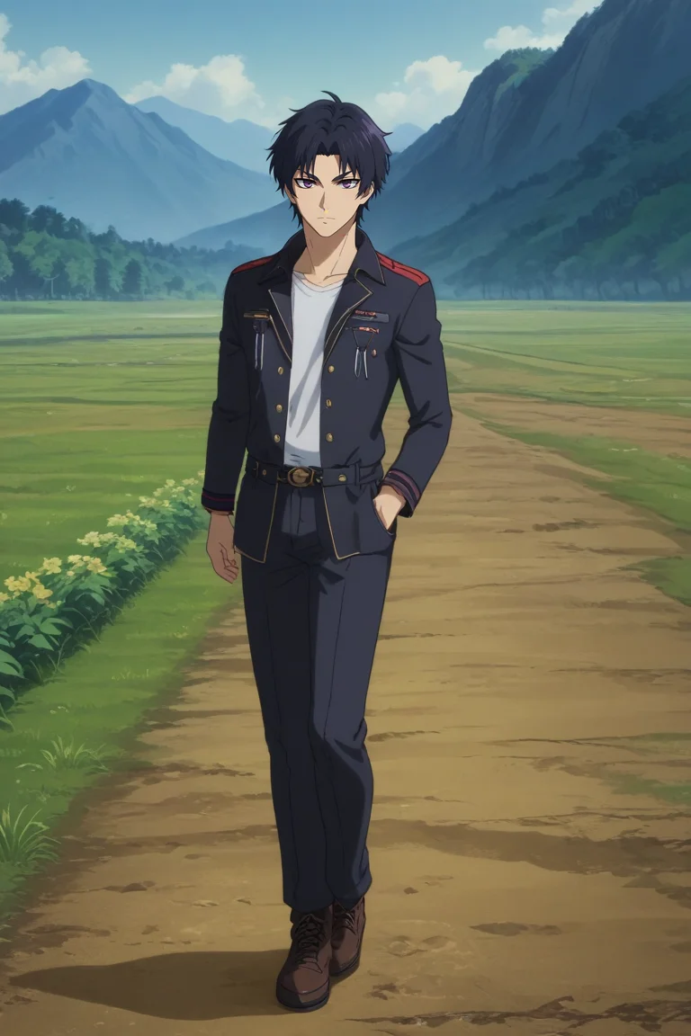 score_9, score_8_up, score_7_up, source_anime, rating_safe, , anime screencap, , official style, looking at viewer, , 1boy, solo, male focus, <lora:guren_ichinose_pony:0.76>, guren_ichinose, black hair, purple eyes, short hair, parted bangs, panorama, hill, greenery, midnight, standing on one leg, :D, , <lora:sdxl_lightning_8step_lora:1>