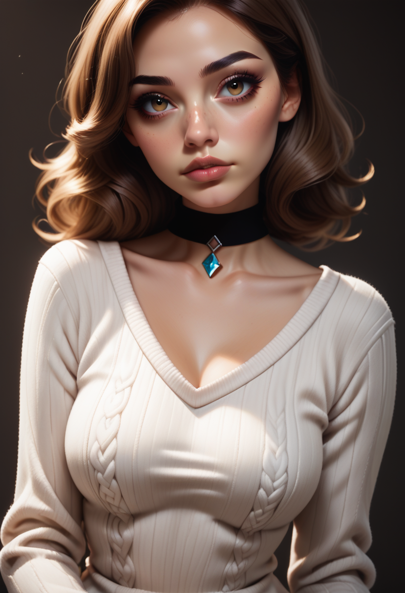 score_9, score_8_up, score_7_up,
1girl, solo, sexy sweater dress, white dress, scoop neck, long sleeves, black choker, diamond choker jewel,
<lora:Dark_Zira_Pony_v0.1:0.5> d4rkz1r4, hazel eyes, brown hair,