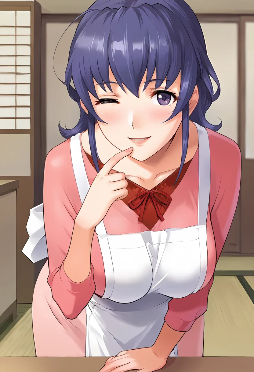 score_9, score_8_up, score_7_up, source_anime, masterpiece, 1girl, ct_haruka, blue hair, medium hair, large breasts, pink shirt, long sleeves, apron BREAK light pink long skirt, looking at viewer, indoors, japanese home, one eye closed, leaning forward, hand on chin, smile, <lora:HarukaOgihara_Pony_ct:1>